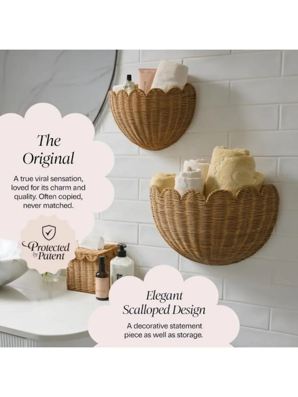 Scalloped Wicker Wall Baskets - Set of 2, Decorative Storage Baskets (16x10x7